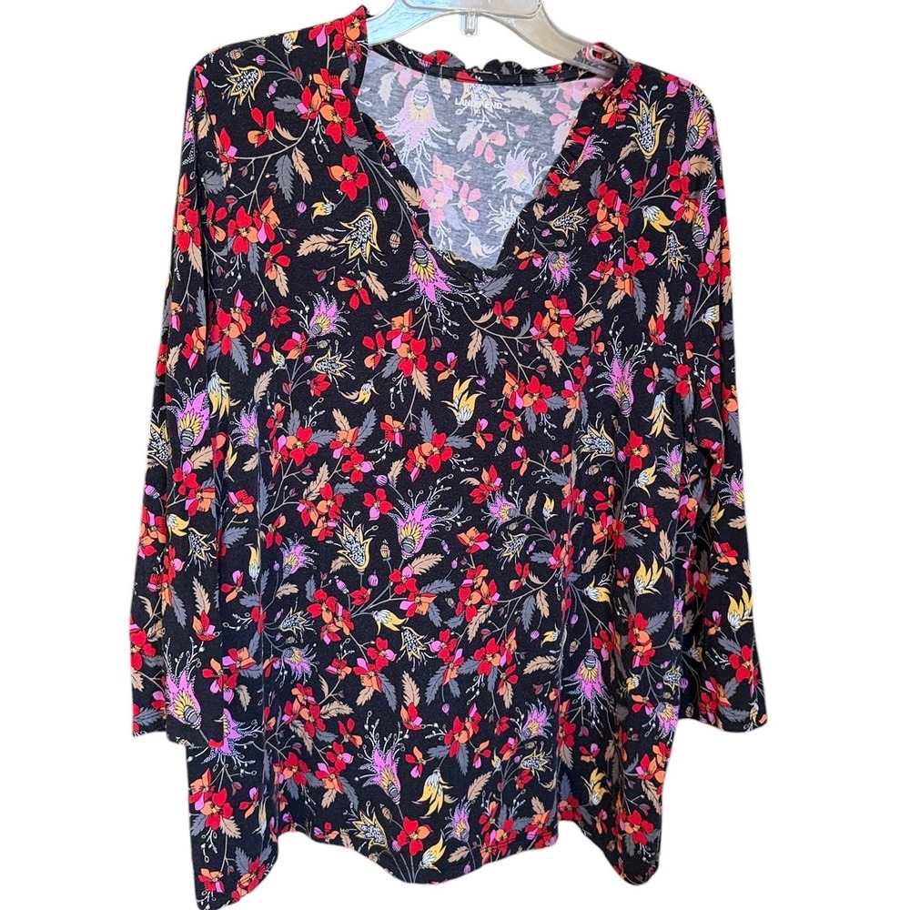 Lands End Womens XL Black Floral Split Neck Ruffle Long Sleeve Knit Top Blouse
